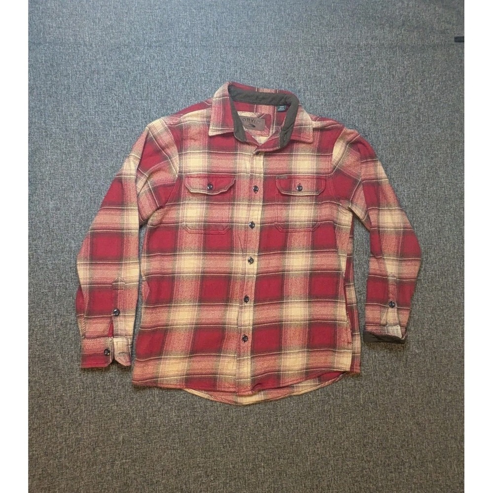 ORVIS Heavy Flannel Red Check Plaid Long Sleeve Shirt Men's Size‎ Small Outdoor